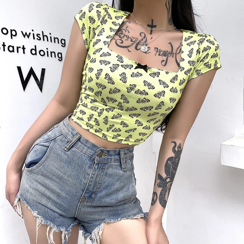 Kpop облегающая Однотонная футболка с квадратным воротником и принтом укороченный