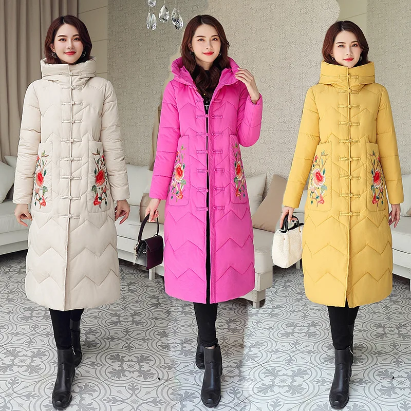 

National Wind Cotton Coat Women's Winter Coat Chinese-style Thick Mid-length over-the-Knee Cotton-padded Jacket Middle-aged Mom