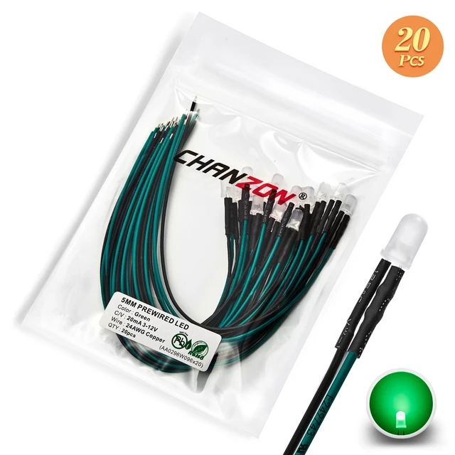 12V 5mm LED Diode Kit Warm White Red Green Blue Yellow Orange UV Purple Pink Prewired 5 9 12 V Diffused Light Emitting Indicator 20pcs Matte Green