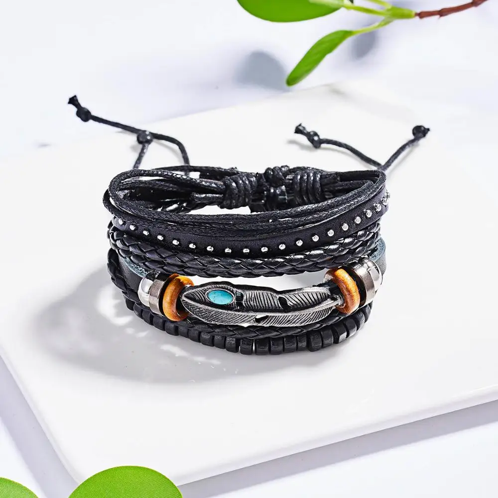 4PCS/SET Vintage Leaf Pendant Rice Beads Adjustable Rope Chain Bracelet Punk Braided Wrap Wristbands For Men Fashion Jewelry