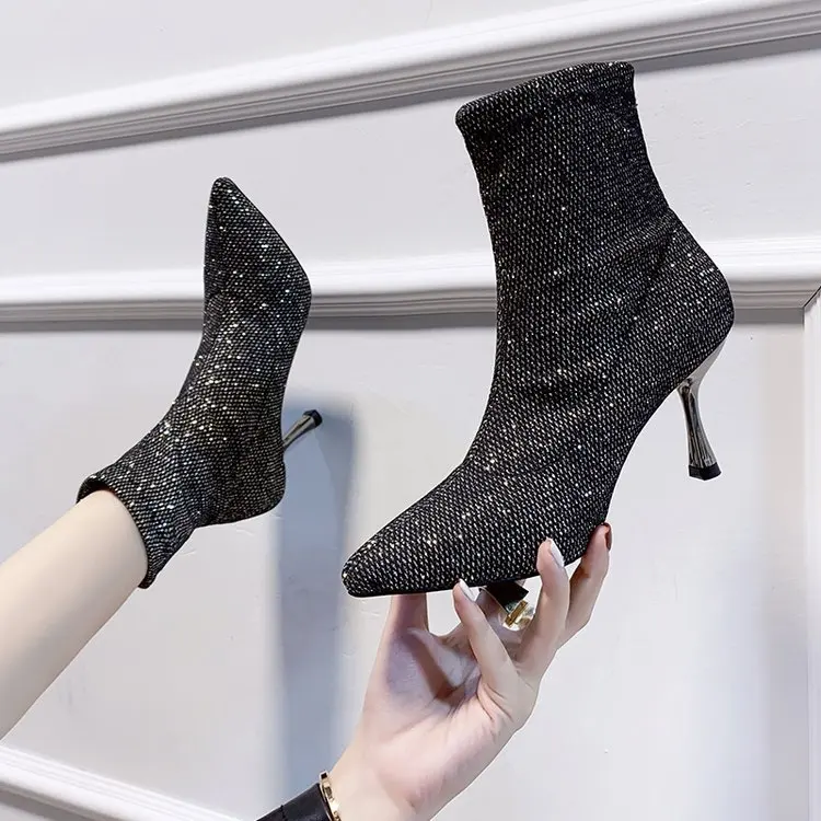 

Boots Women's 2019 Autumn Fashion Sequin Pointed-Toe Bounce Socks Boots Versatile Single Boots Thin Boots Thin Heeled High Heel