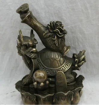 

YM 317 9" China Bronze Animals Longevity Wealth Coin Flower Pot On Dragon Turtle Statue