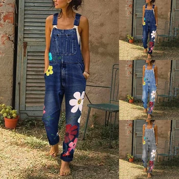 

Women Sleeveless Denim Jumpsuit Floral Print Long Overalls Frayed Jeans Summer Casual Casual Loose Washed Jeans Suspenders