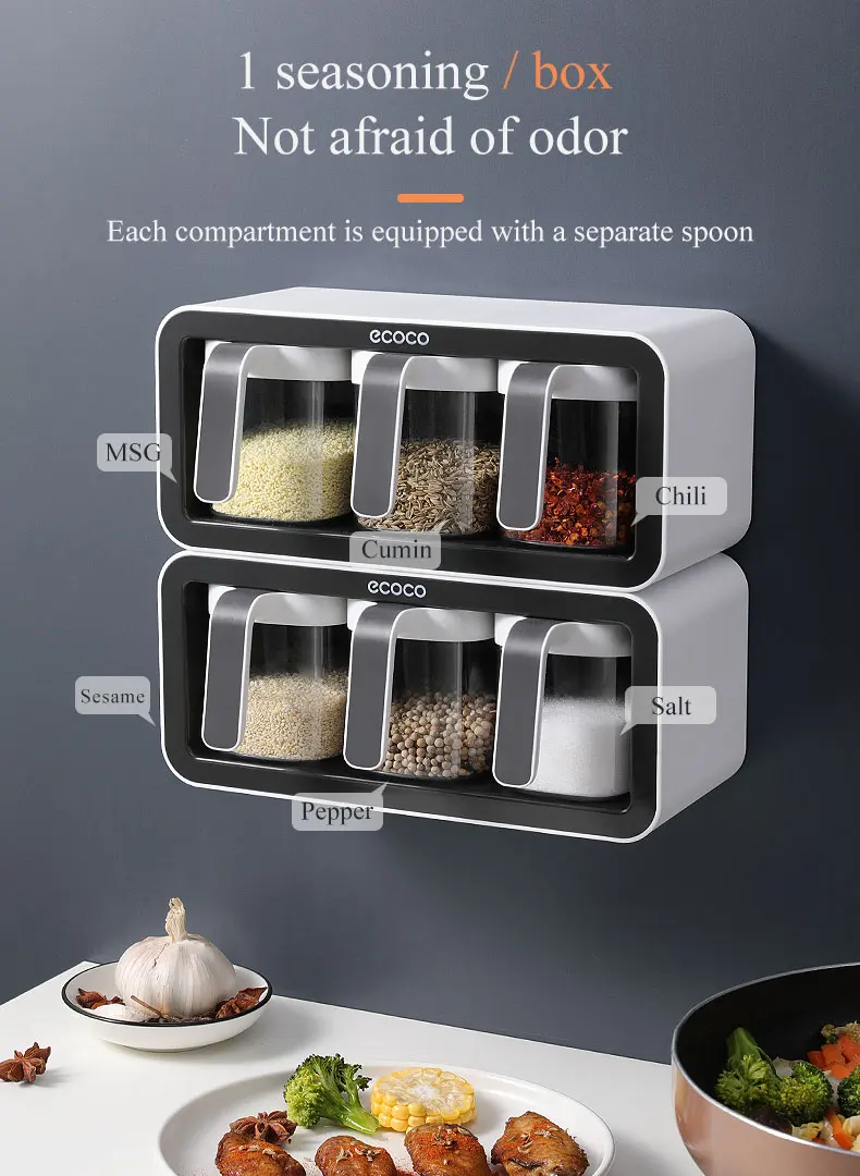 Ecoco Wall Mount Spice Rack Sugar Bowl Salt Shaker Seasoning Container Spice Boxes description image 12