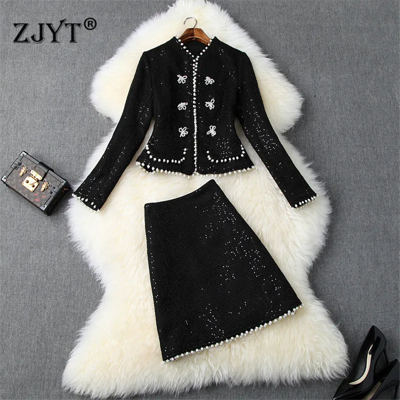 

Fall Winter Designers Runway Two Pieces Skirts Set Women Fashion OL Party Outfits Pearls Sequined Tweed Jacket+Skirt Suit Set