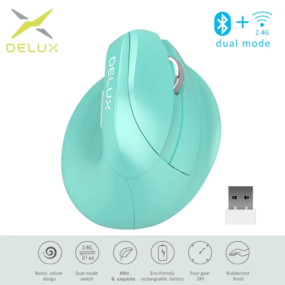 

Delux M618 Mini Bluetooth 4.0 Silent click Wireless Mouse 2400 DPI Ergonomic Rechargeable Vertical Mice with USB 2.4GHz Mode