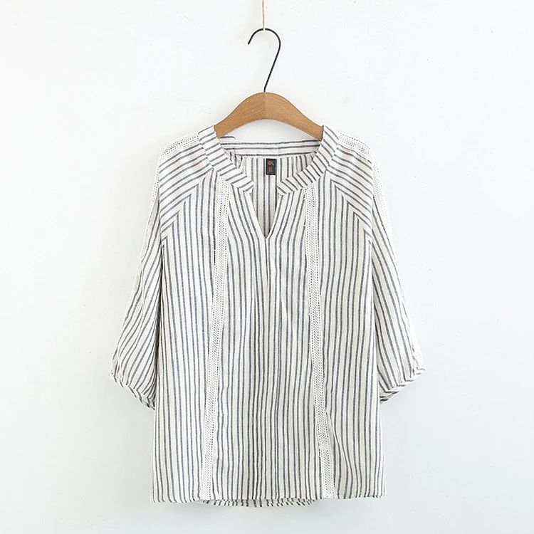 Plus size 3XL~6XL women 3/4 sleeve t shirt korean style stripe linen blusas lace tops