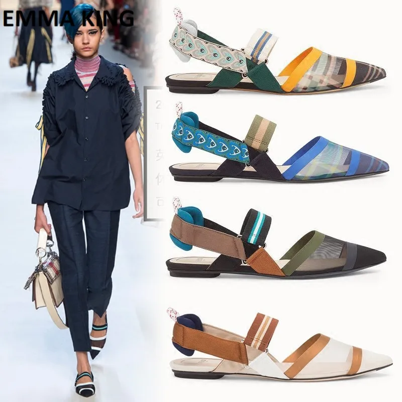 

Women Mesh Mixed Color Casual Flats Shoes Spring Autumn Pointed Toe Loafers Slingback Shoes Sandals Sandalias mujer 2019