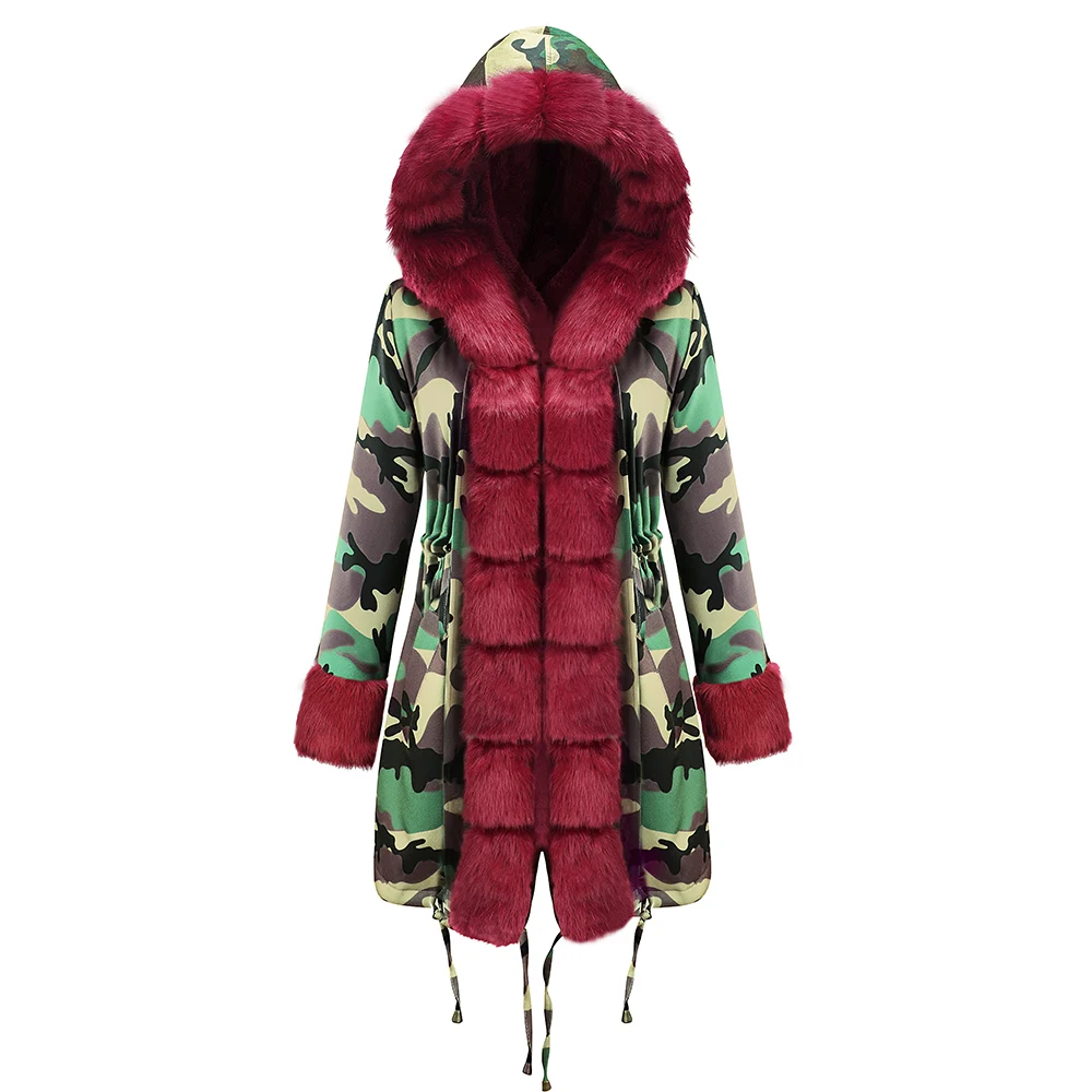 19D012-Green Женские парки, коллекция, классическая черная искусственная меховая камуфляжная зеленая Военная Тонкая зимняя женская парка, длинная толстая теплая парка с капюшоном - Цвет: 19D012-Green