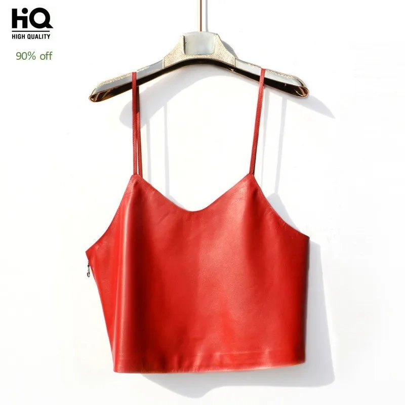 

2020 Summer Sexy Women Backless Suspenders Vest Cropped Waistcoat Genuine Leather Jacket V Neck Short Style Female Outwear Coats