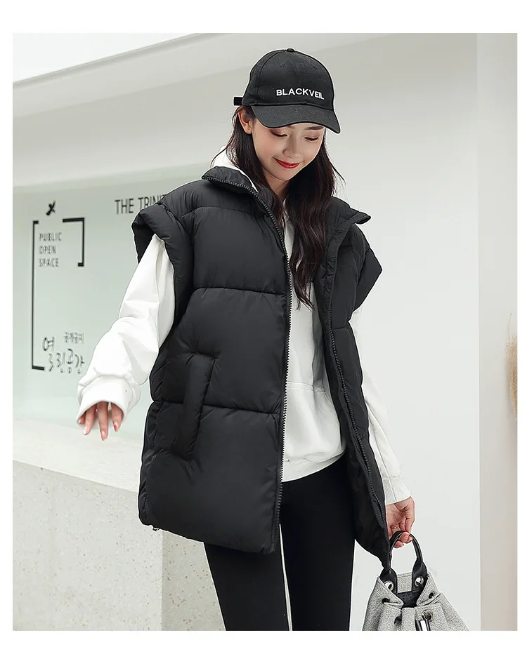 long green puffer coat Vest Women Winter Thick Cotton Jacket Stand Collar Puffer Waistcoats Padded Sleeveless Korean Fashion Loose Warm Coat women long green puffer coat