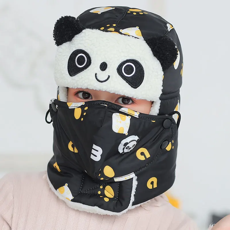Остроконечные шапки-бомберы с изображением животных панды для девочек и мальчиков, зимние шапки, шапка с шарфом, маски для шеи, хлопковая снежная шапка, ушанки, Русская Шапка, теплая маска