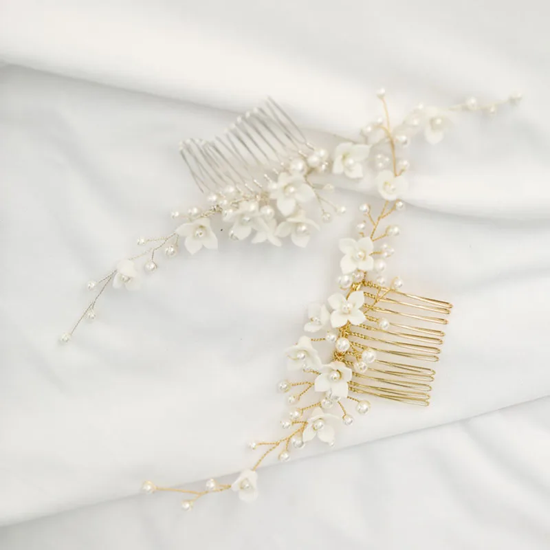 Floralbride Handmade Wired Alloy Pearl Ceram Flower Bridal Hair Comb Wedding Headdress Hair AccessoriesBridesmaids Women Jewelry