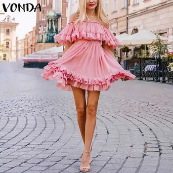 

VONDA Beach Party Dress Women Off The Shoulder Ruffles Dress 2020 Summer Bohemian Sundress Female Plus Size Casual Vestidos