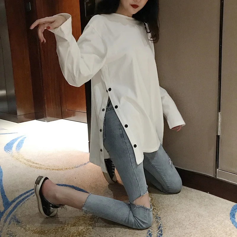 

Spring And Autumn Women's T-shirt O-neck Loose Long Sleeve Split Girlish Style Solid Color Shirt Street Casual Pullover T-shirt