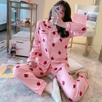 

Autumn and winter Women Sleepwear Sweet Breathable Print Home Clothing Womans Long Sleeve Milk Silk Lapel Sleep Shirt
