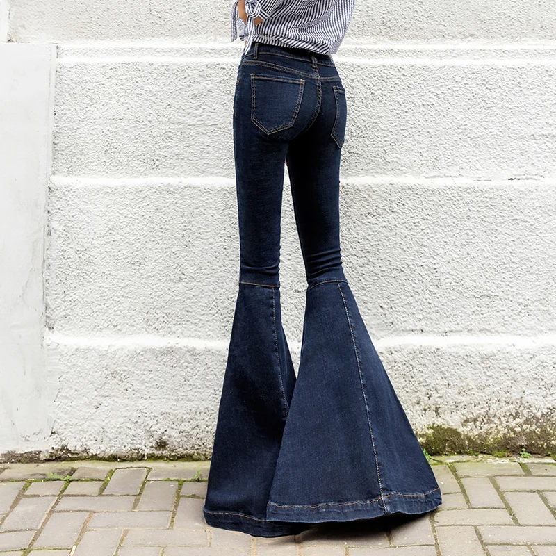 Free Shipping 2023 New Fashion Women Autumn Long Flare Pants Jeans Boot Cut Plus Size 24-32 Trousers For Tall Women Deep Blue