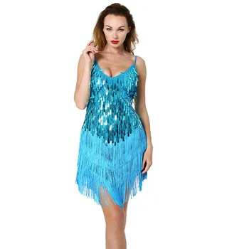 

BacklakeGirls Cocktail Dresses Women Cheap A-line Sequins V-Neck Sleeveless Fringed Tassels Hem Flapper Short Prom Dress