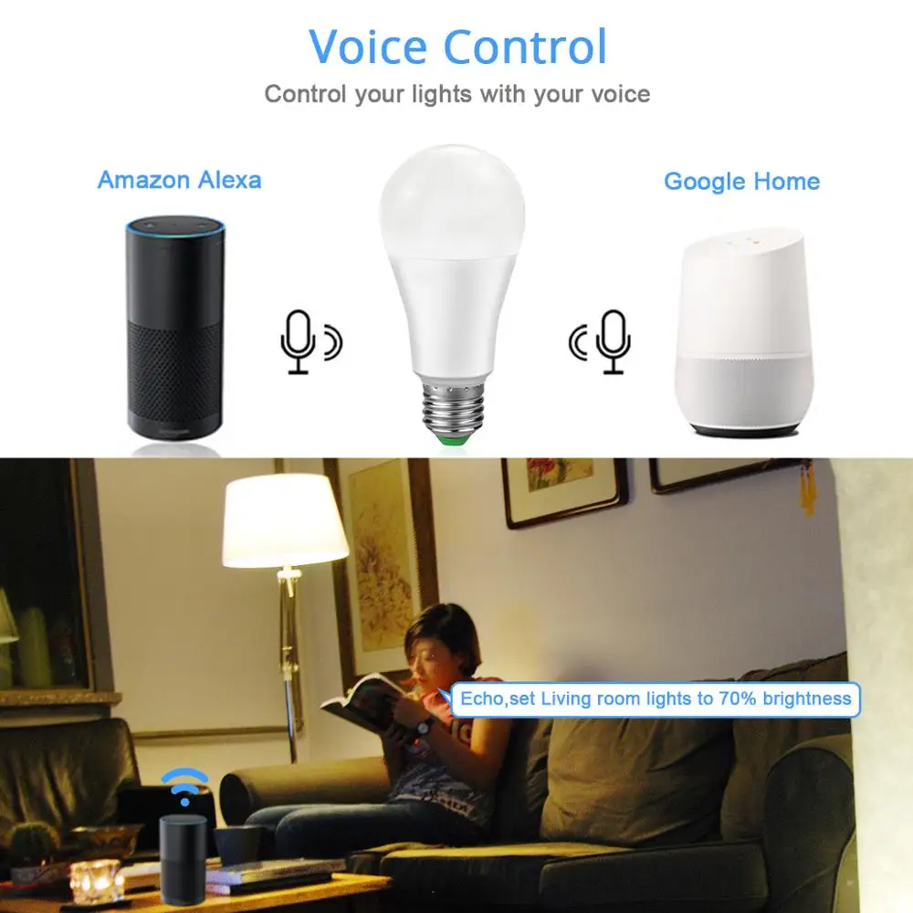 Умная лампа, Wi-Fi светильник, лампочка голосового управления, приложение для мобильного телефона, совместимый с Alexa Echo и Google Home lampada inteligente