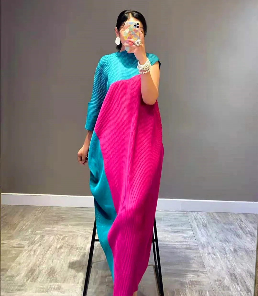 Miyake Pleated Irregular Dress 2021 Autumn Winter New High Fashion Plus Size Loose Long Patchwork Designer Clothes | Женская одежда