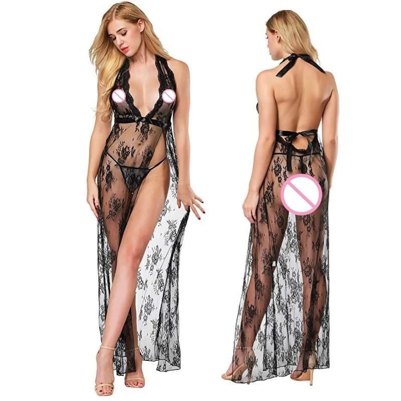 

Sexy Clothes Women Jumpsuit High Slit Erotic Perspective Nightgown Long Dress Mesh Hanging Neck Hollow Out Ladies Nightshirt