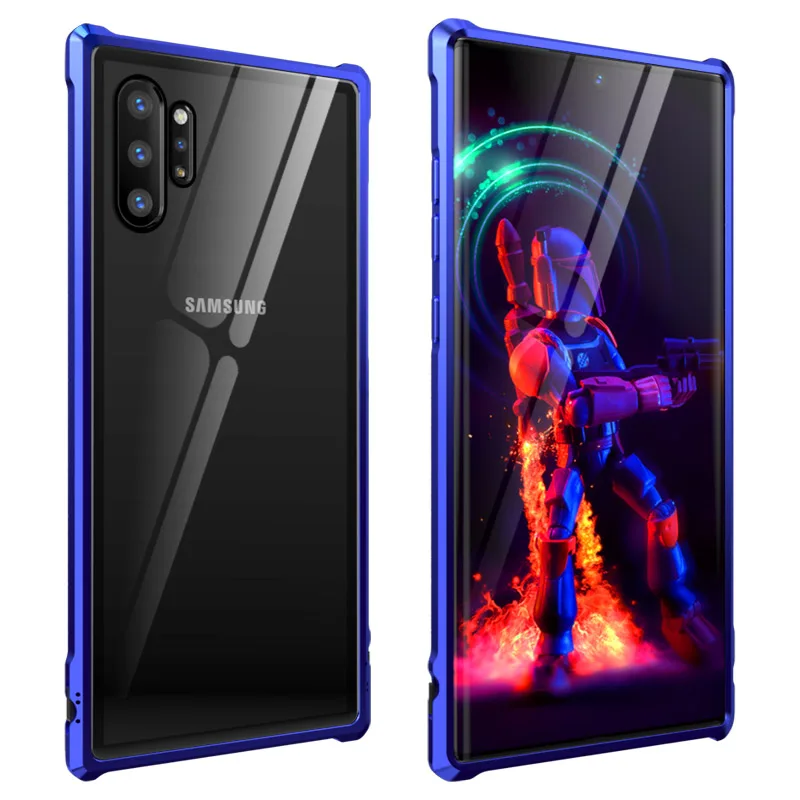 Металлический бампер чехол для samsung Galaxy Note 10 Plus чехол прозрачный стеклянный задняя крышка телефона для samsung Note 10 Plus 10 5G бампер роскошный - Цвет: blue