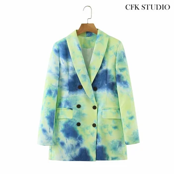 

Women Blazer with Double Breasted Floral Print Long Sleeve Jacket 2020 New Autumn Fashion Blue Casual Oversize Outwear Coat