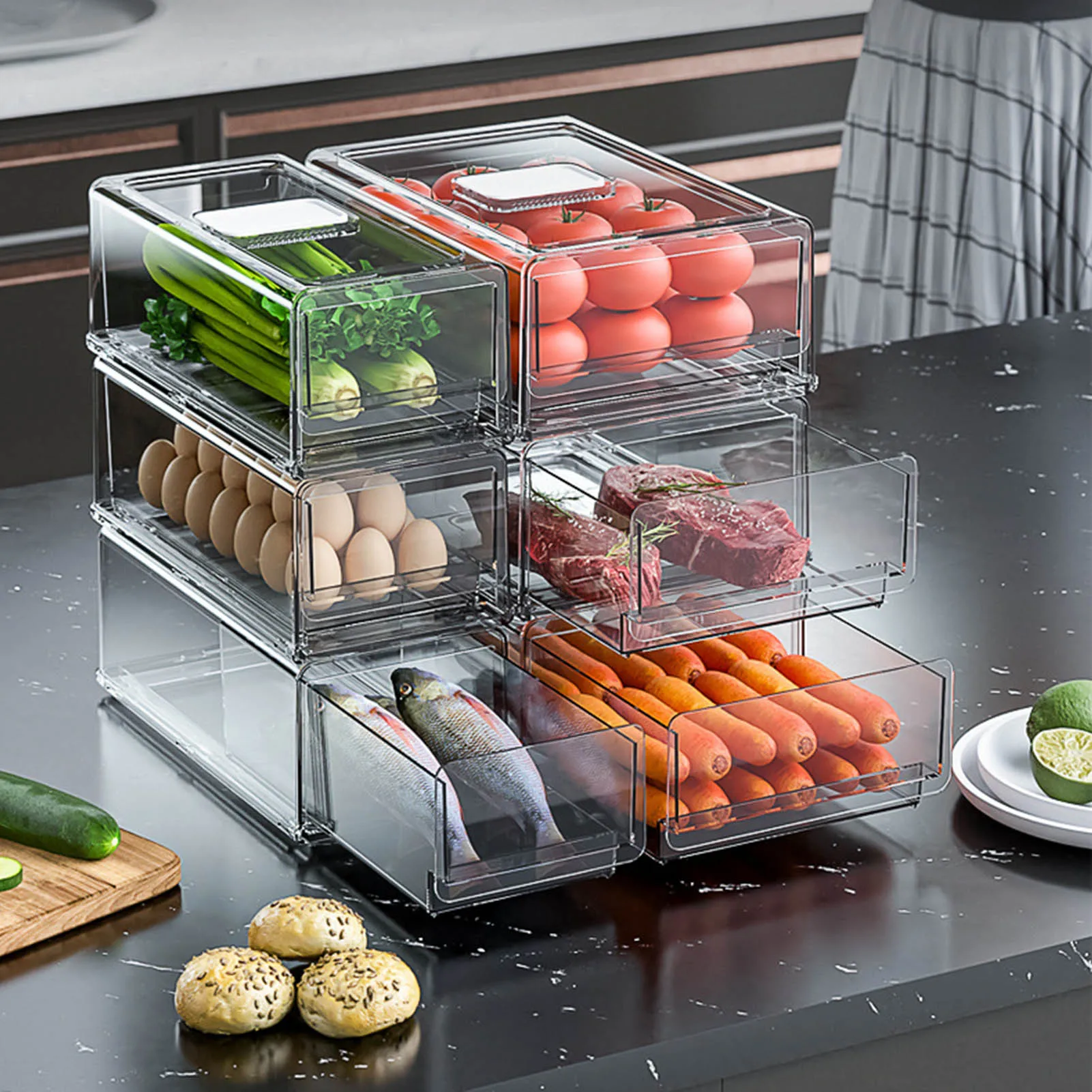 Caja de almacenamiento de alimentos transparente apilable, cajón de  almacenamiento de caja para el frigorífico, refrigerador de frutas y  almacenamiento de vegetales