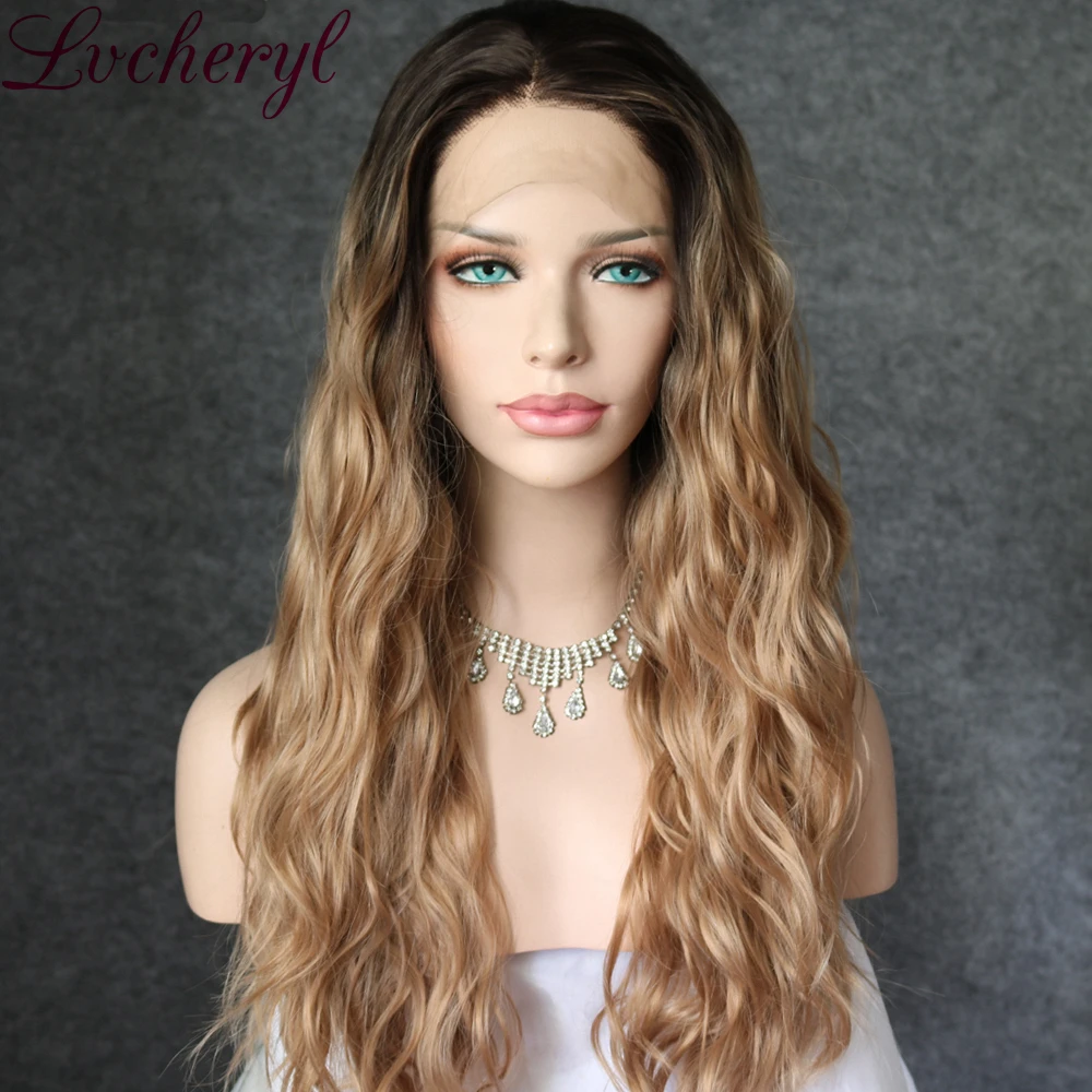 Lvcheryl синтетические передние парики на кружеве темно-коричневые корни в блонд цвет натуральные длинные волнистые волосы термостойкие волосы парики для женщин
