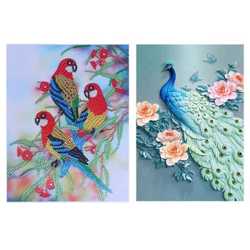 

2 Set 5D Diamond Painting Diamond Embroidery Home Decor - Three Birds Pattern & Green Peacock Pattern