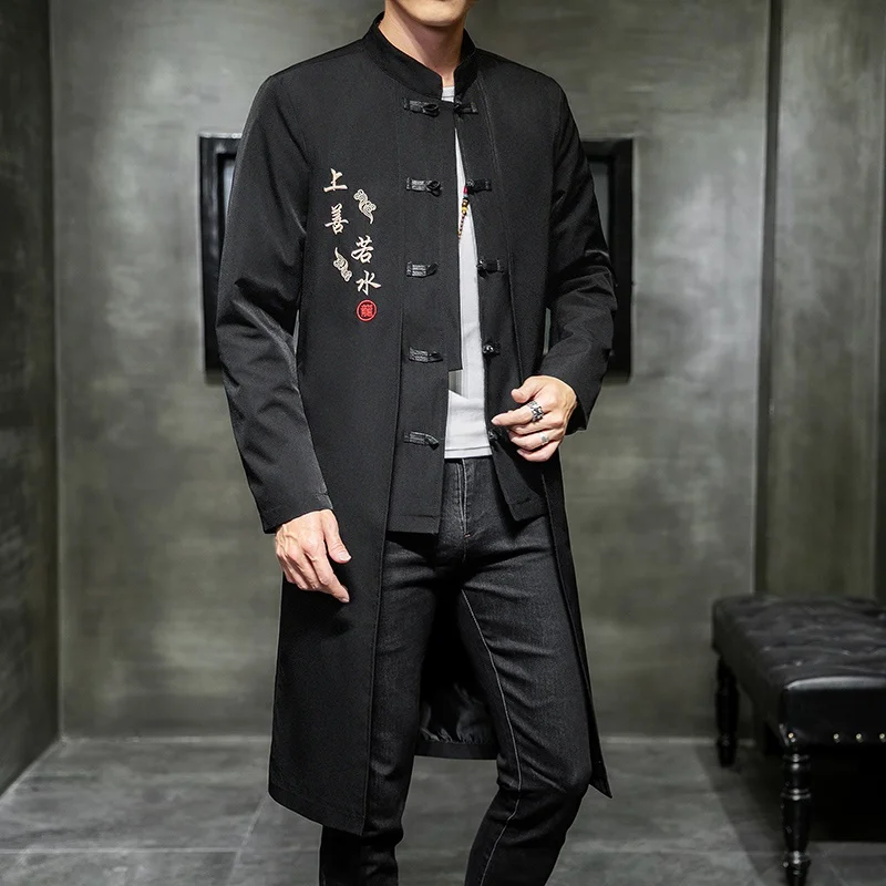 Chinese Style Long Windbreaker Jacket Men Streetwear Oriental Clothes Men Hip Hop Chinese Mandarin Jacket Coat KK3150