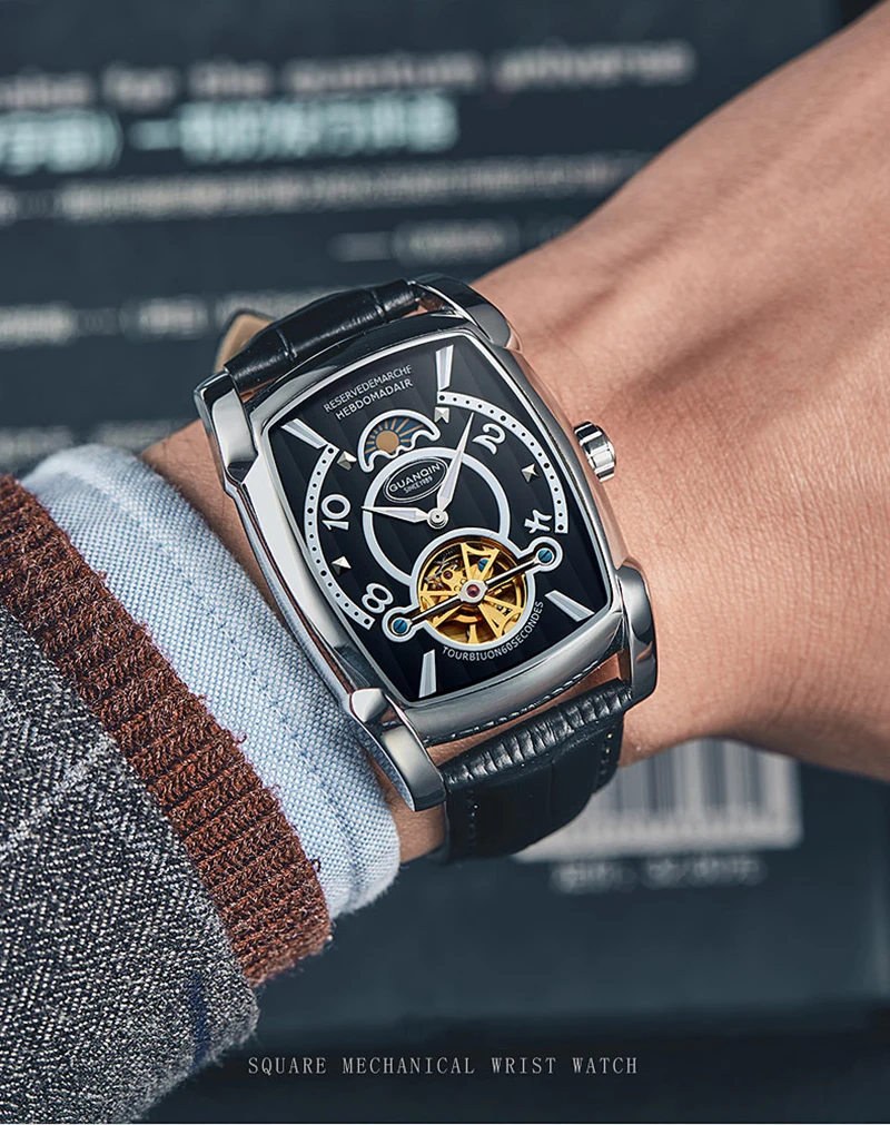 GUANQIN Tourbillon часы Автоматические Брендовые мужские механические роскошные часы Скелет прямоугольник кожа золото мужские часы