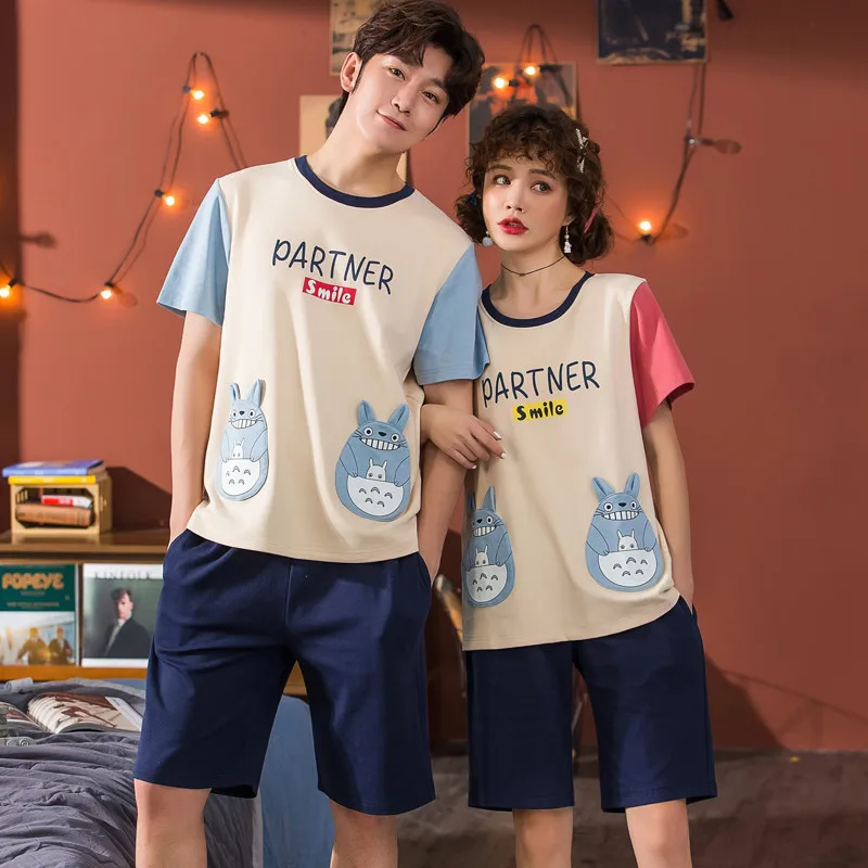 

Couple models cute blue tanuki cartoon printing women's pajamas short-sleeved pants O-neck comfortable pajamas summer home