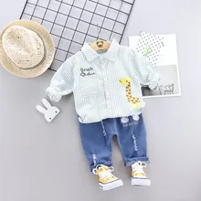 Детская одежда 2 шт. на осень для маленьких мальчиков одежда Повседневное с длинными рукавами в полоску с изображением героев мультфильмов рубашки топы с принтом+ штаны с рисунками, джинсовые штаны и брюки
