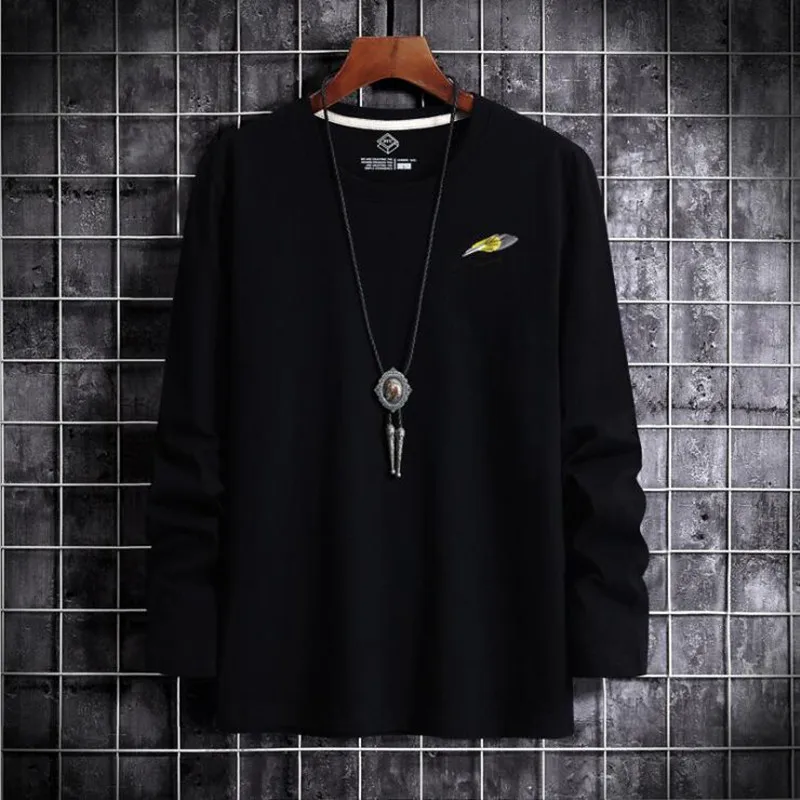 

New 2020 Spring Autumn 100% Cotton O-Neck Long-Sleeved T-Shirts Mens Feather Print Plus Size 6XL Casual Brand Tops Tees Male 221