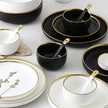 

Black And White Round Gold Stroke Ceramic Dinner Plate Set Porcelain Steak Tableware Rice Soup Bowl Spoon Dish Home Decoration
