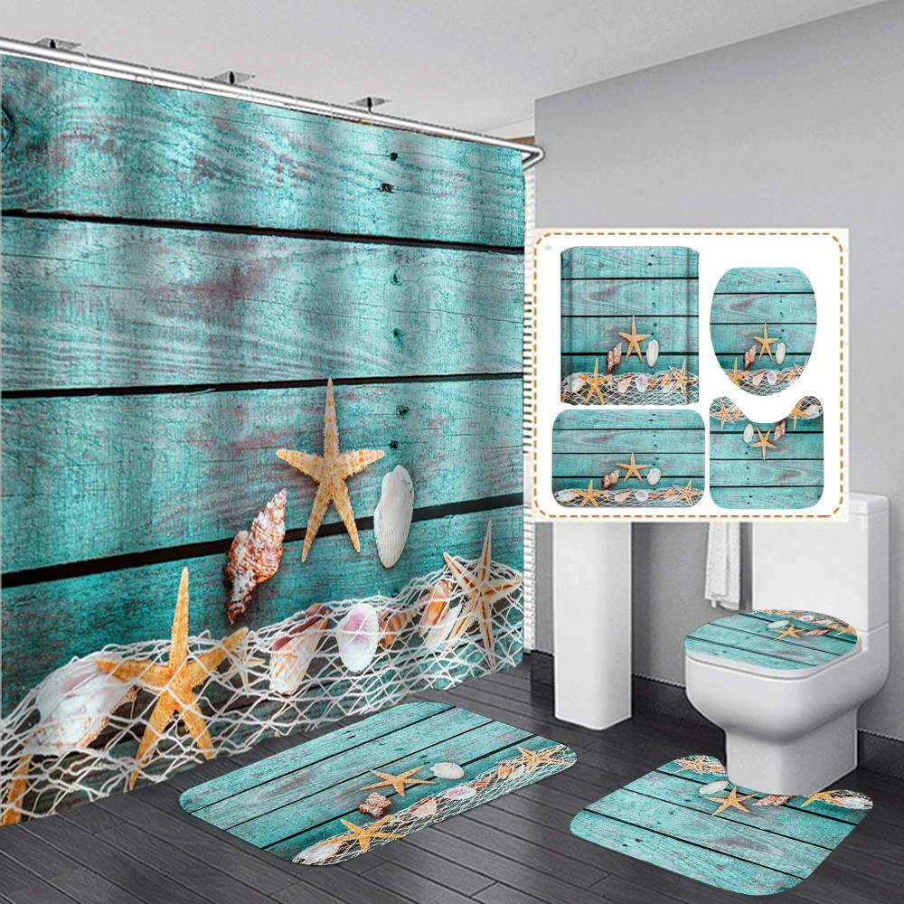 High Quality Beach Conch Starfish Shell Shower Curtain Bathroom Curtains Non Slip Style Pattern Toilet Cover Mat Set | Дом и сад