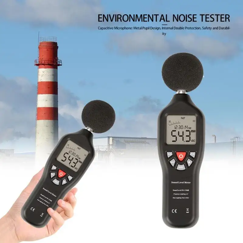 

30-130dB Digital Sound Level Meter Noise Decibel Monitor Testers Audio Detector AC/D Output Function White Backlit Display