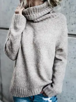 

2020 New Fashion Trend Casual Fall Winter Women's Sweater Grey Fluffy Turtleneck Soft Jumper Solid Color Loose Commuter Hot