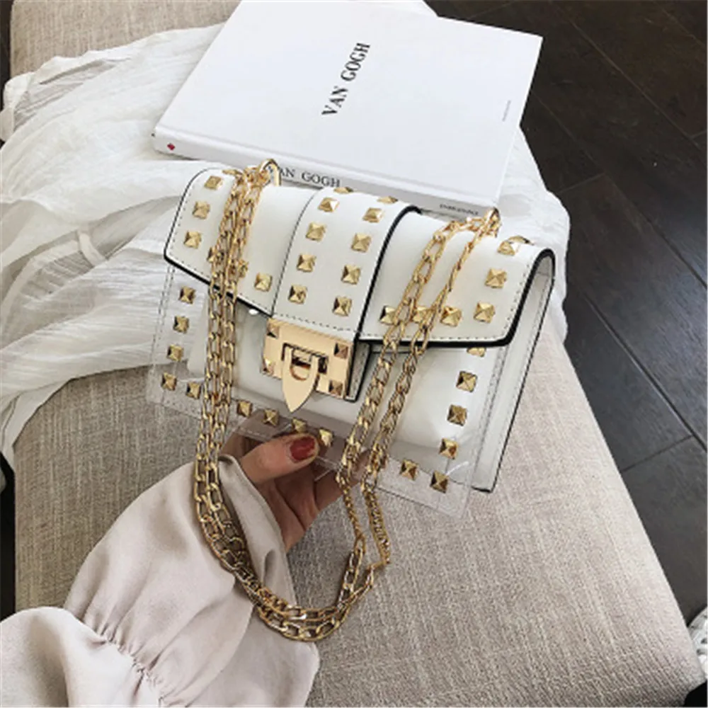 Small Clear Cosmetic Bags Female PU Make Up Bags Women Fashion Rivets Transparent Cosmetic Shoulder Bag Travel Organizer