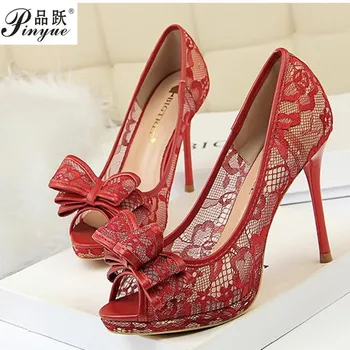 

Bowtie High Heels platform heels Ladies Peep Toe Lace black white wedding shoes Pumps Women shoes