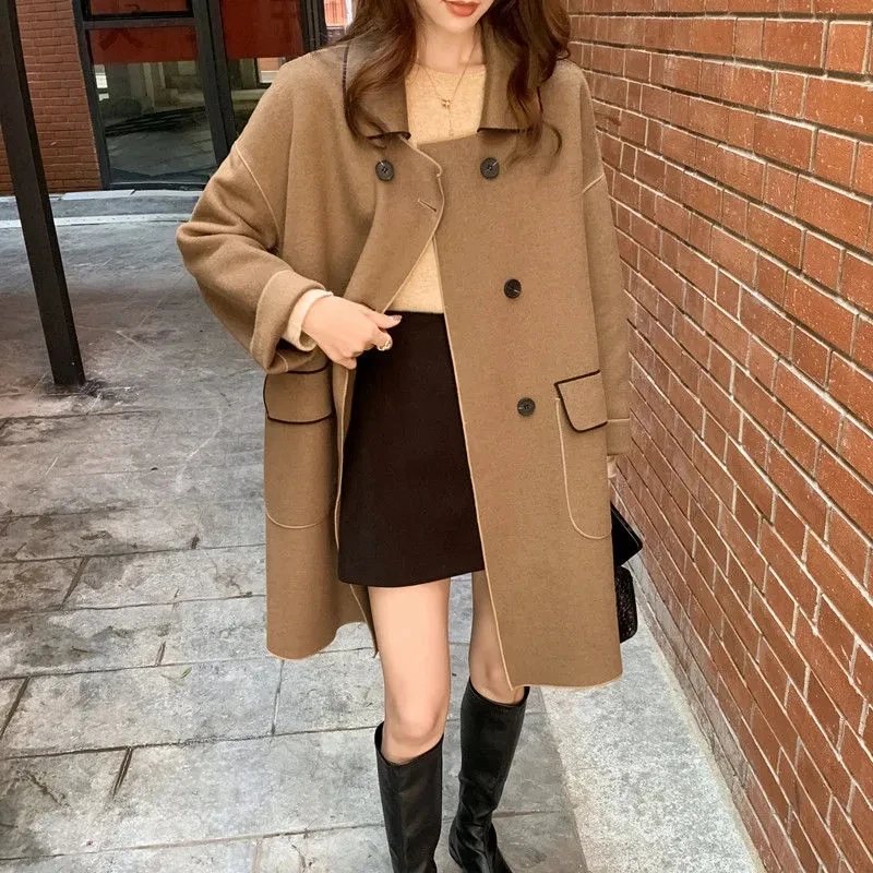 

Double-sided Fleece Woolen Coat Women's Mid-length Windbreaker 2023 New Autumn Winter Loose Wool Coat Camel Cloak Coat