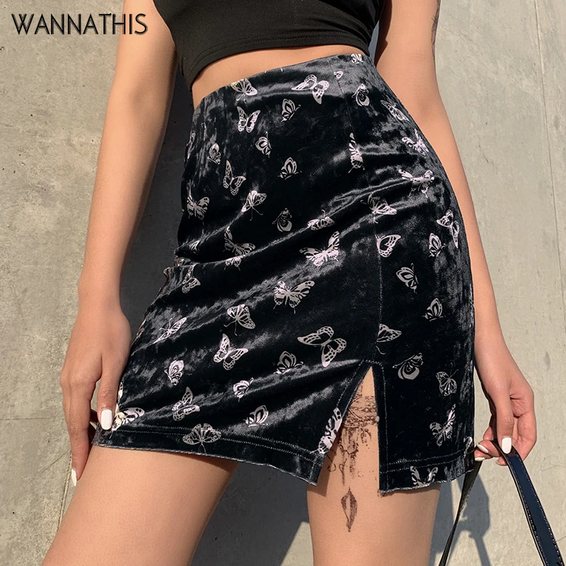 WannaThis, черная мини-юбка с принтом бабочки, сексуальная, с разрезом, с высокой талией, однотонная, бархатная, мягкая, с разрезом, облегающая, для женщин, уличная одежда, юбки