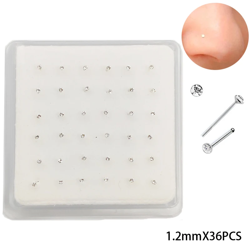 Nose Piercings 925 Sterling Silver Nose Studs Ring 1.2mm Tiny Nose Piercing Bone clear crystal nariz Piercing Body jewelry 36pcs