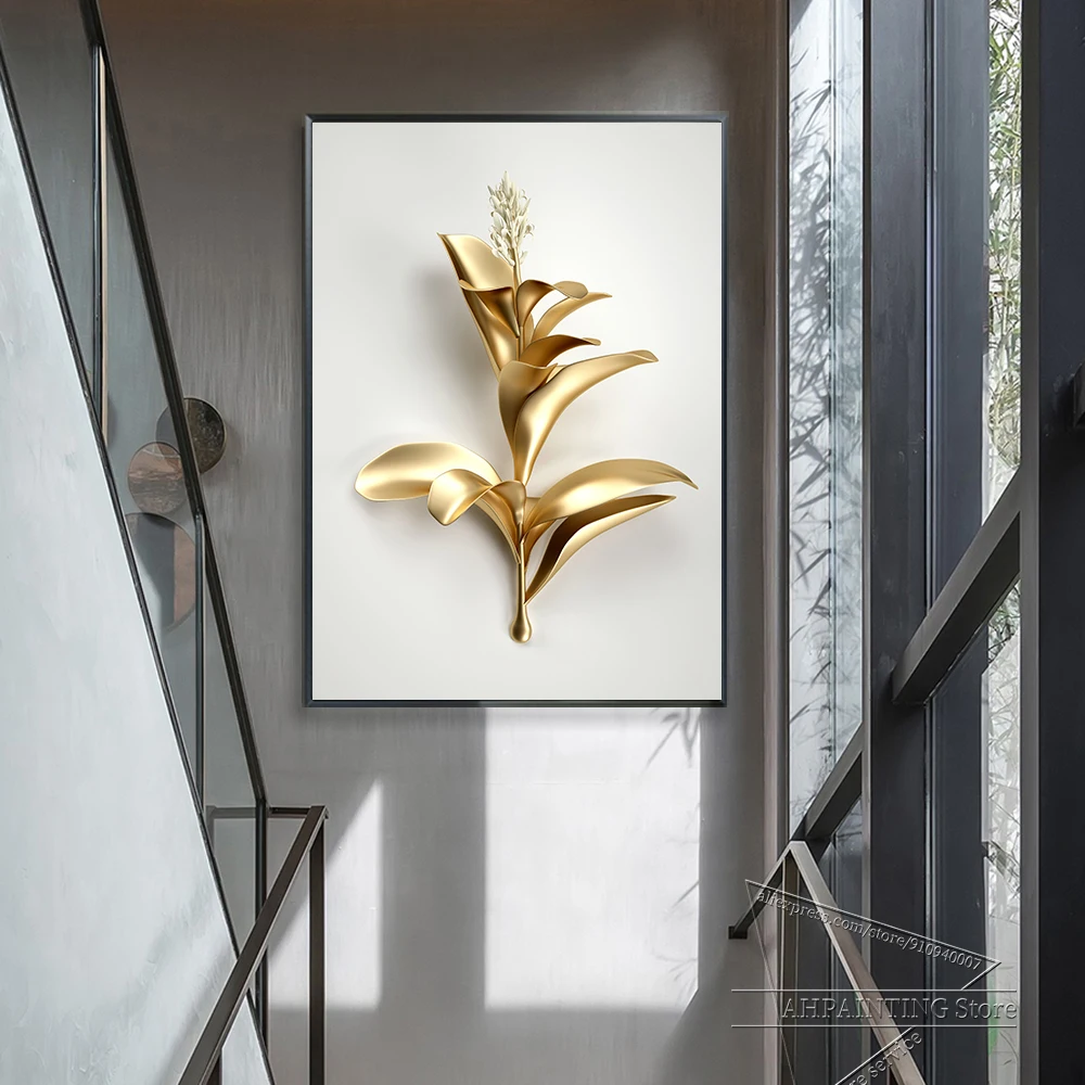 Golden plant leaves and flowers Wall art canvas painting Wall Pictures for Living Room Nordic Decoration Pictures morden decor