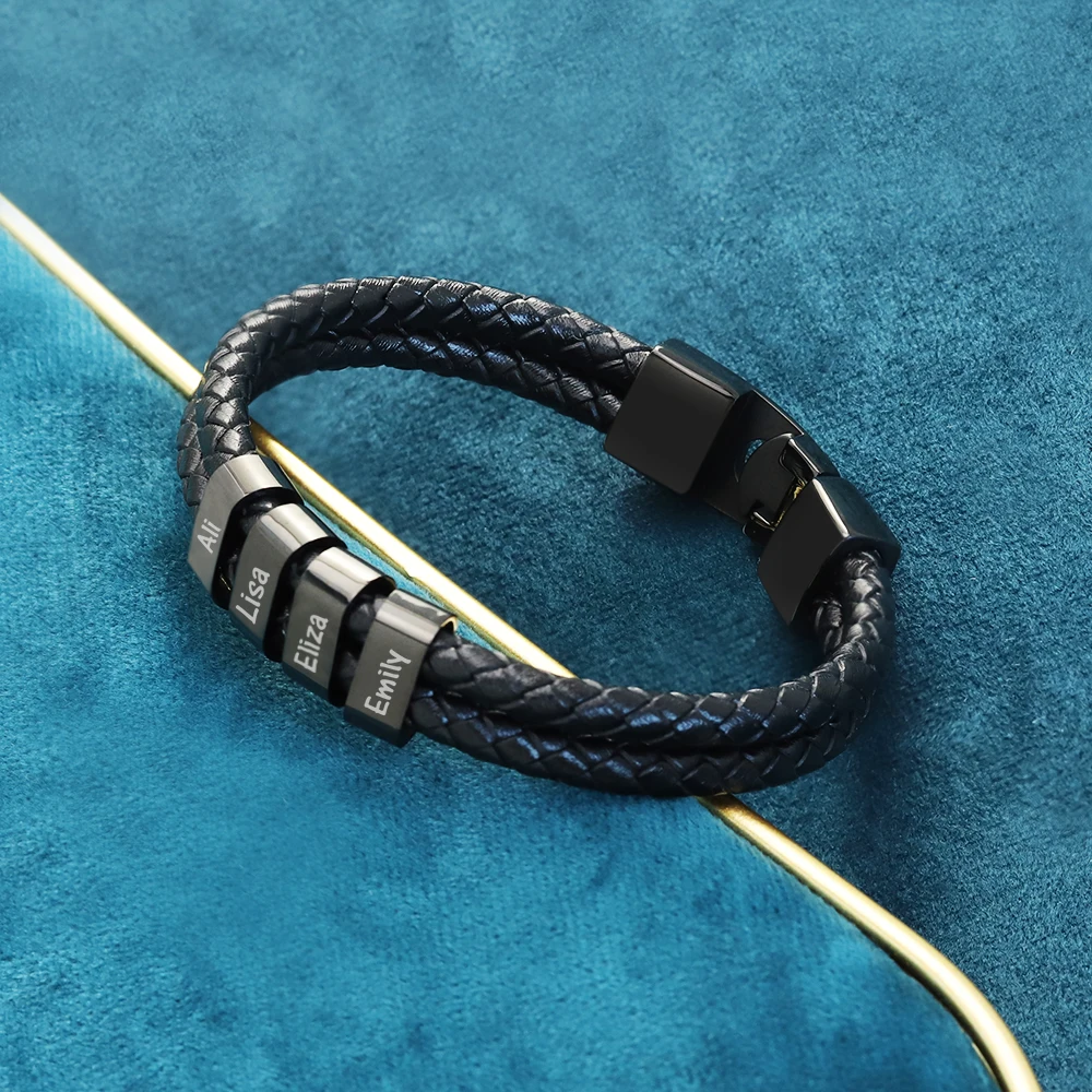 1pc Personalized names beads Men Leather Bracelet Customized gift for husband father