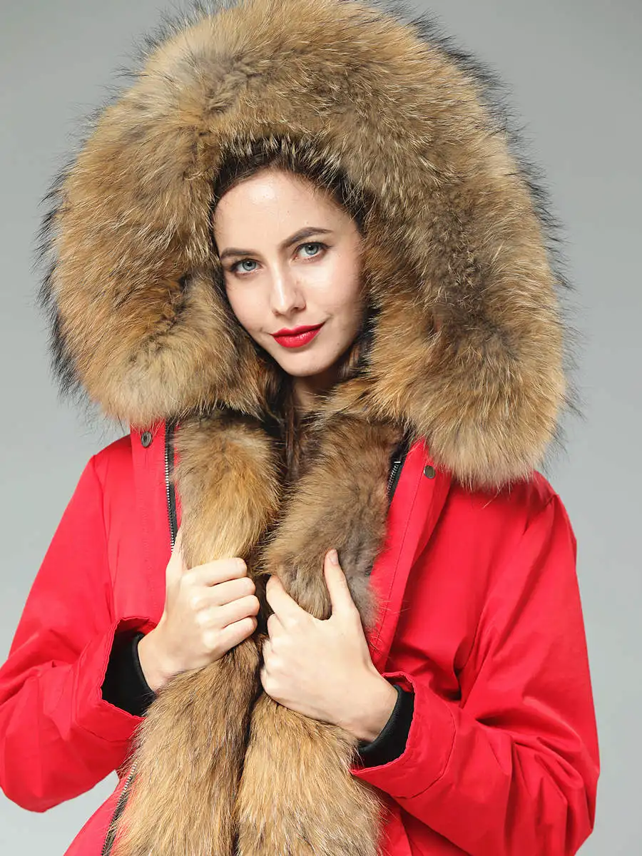 Parka King 90cm Long Whole Skin Pelt Muskrat Raccoon Fur Lining fur coat parkas winter coat women parka Large Raccoon Collar Red