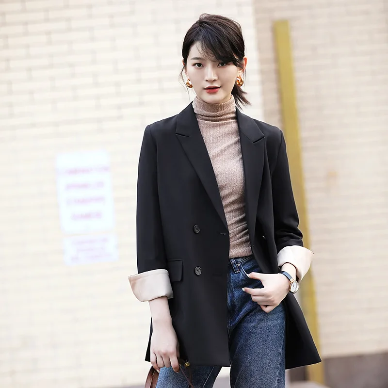 

Mid-length Suit Jacket Women's 2019 New Style Spring And Autumn Korean-style Business Interview Formal Wear Black And White with