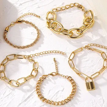 

FNIO Punk Miami Cuban Chain Bracelet Bangle Accessories Boho Heavy Metal Chunky Lock Bracelets for Women Men Couple Jewelry 2020