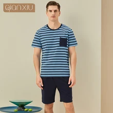 Summer New Men's Cotton Short Sleeve Shorts Round Collar Striped Pyjama Suit Fashionable And Comfortable Home Clothes
